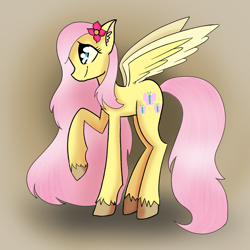Size: 1600x1600 | Tagged: safe, artist:unikitty66, fluttershy, pegasus, pony, g4, colored hooves, ear fluff, female, flower, flower in hair, gradient background, mare, profile, raised hoof, sidemouth, smiling, solo, spread wings, standing, two toned wings, unshorn fetlocks, wings