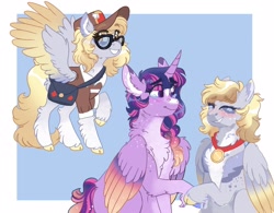 Size: 2569x2000 | Tagged: safe, artist:scarletskitty12, derpy hooves, twilight sparkle, alicorn, pegasus, pony, alternate hairstyle, bag, blushing, chest fluff, clothes, cloven hooves, crying, derpy's sacrifice, duo, ear fluff, female, glasses, hat, high res, leg fluff, mailmare, mailmare uniform, mare, markings, medal, pale belly, raised hoof, redesign, saddle bag, shirt, tears of joy, twilight sparkle (alicorn), unshorn fetlocks