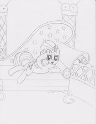 Size: 2550x3300 | Tagged: safe, artist:victoriathedragoness, rarity, spike, pony, unicorn, g4, butt, carousel boutique, chaise, fainting couch, female, high res, hoof on cheek, implied spike, lineart, lying down, male, mare, monochrome, offscreen character, plot, presenting, prone, raised arm, rearity, sexy, ship:sparity, shipping, smiling, solo, spread legs, spreading, straight, sultry, sultry pose