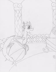 Size: 2550x3300 | Tagged: safe, artist:victoriathedragoness, rarity, spike, dragon, g4, blushing, carousel boutique, embarrassed, fainting couch, female, high res, implied rarity, lineart, male, monochrome, offscreen character, older, older spike, open mouth, ship:sparity, shipping, solo, straight, stunned, wide eyes, winged spike, wings