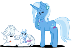 Size: 839x554 | Tagged: safe, artist:cloefo05, double diamond, trixie, oc, pony, unicorn, g4, doubletrix, ear piercing, earring, facehoof, family, female, filly, jewelry, male, mare, necklace, offspring, parent:double diamond, parent:trixie, parents:doubletrix, piercing, shipping, simple background, sleeping, stallion, straight, white background