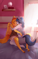 Size: 1500x2314 | Tagged: safe, artist:walllie, oc, oc only, oc:firetale, oc:mirror image, pegasus, unicorn, anthro, bed, couple, cuddling, female, horn, mare, smiling, window, wings