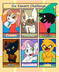 Size: 1249x1529 | Tagged: dead source, safe, artist:vieiches, sweetie belle, cat, pony, rabbit, unicorn, anthro, g4, :d, adventure time, animal, anthro with ponies, avatar the last airbender, clothes, cream the rabbit, crossover, deltarune, female, filly, glasses, hat, jake the dog, looking back, mae borowski, male, momo, night in the woods, open mouth, raised hoof, ralsei, six fanarts, smiling, sonic the hedgehog (series), wizard hat