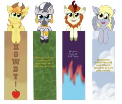 Size: 2652x2264 | Tagged: safe, artist:sixes&sevens, autumn blaze, braeburn, derpy hooves, zecora, earth pony, kirin, pegasus, pony, zebra, g4, apple, bookmark, cloud, fangs, female, food, high res, jewelry, male, mare, simple background, stallion, transparent background