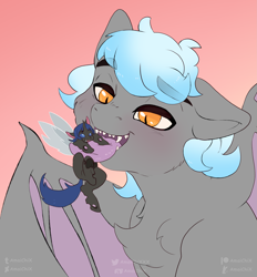 Size: 4167x4500 | Tagged: safe, artist:amaichix, oc, oc only, oc:chain lightning, oc:swift dawn, changeling, blue changeling, blue eyes, changeling oc, commission, fangs, imminent vore, macro, macro/micro, maw, mawshot, micro, missing eyelashes, open mouth, orange eyes, simple background, tongue out, ych result