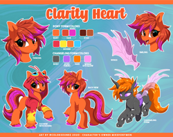 Size: 4000x3153 | Tagged: safe, artist:ask-colorsound, oc, oc only, oc:clarity heart, blaziken, changeling, earth pony, pony, clothes, disguise, disguised changeling, hoodie, pokémon, purple changeling, reference sheet, unshorn fetlocks, wings