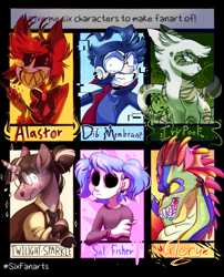 Size: 1616x2000 | Tagged: safe, artist:olivecow, twilight sparkle, cat, deer, demon, dragon, human, pony, undead, unicorn, wendigo, g4, alastor, alternate hairstyle, bust, clothes, cloven hooves, crossover, deer demon, dib membrane, female, glasses, grin, hazbin hotel, hellaverse, invader zim, male, mare, mask, necktie, nervous, overlord demon, queen glory (wings of fire), sal fisher, sally face, sharp teeth, sinner demon, six fanarts, smiling, speedpaint available, sweat, teeth, that's entertainment, unicorn twilight, warrior cats, wings of fire (book series)