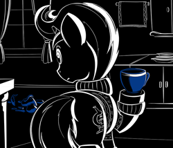 Size: 700x600 | Tagged: safe, artist:sirvalter, oc, oc only, oc:scoperage, pony, unicorn, fanfic:steyblridge chronicle, apartment complex, black and white, clothes, cup, fanfic, fanfic art, grayscale, horn, illustration, kitchen, male, monochrome, neo noir, partial color, research institute, scientist, solo, stallion, teacup