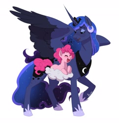 Size: 2480x2562 | Tagged: safe, artist:maxiima, pinkie pie, princess luna, alicorn, earth pony, pony, fanfic:the enchanted kingdom, fanfic:the enchanted library, g4, cloud, commission, duo, fanfic art, female, filly, filly pinkie pie, high res, jewelry, music notes, regalia, simple background, singing, white background, younger