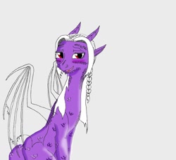 Size: 1481x1351 | Tagged: safe, artist:victoriathedragoness, oc, oc only, oc:victoria, dragon, blushing, braid, dragoness, female, horns, red eyes, sitting, smiling, solo, transparent wings, white hair, wings