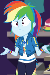 Size: 636x959 | Tagged: safe, screencap, rainbow dash, dashing through the mall, equestria girls, equestria girls specials, g4, my little pony equestria girls: better together, my little pony equestria girls: holidays unwrapped, angry, canterlot mall, cap, clothes, cloud, cropped, cute, dashabetes, female, geode of super speed, hat, hoodie, jacket, jewelry, magical geodes, necklace, pants, pockets, rainbow, raised eyebrow, shirt, short sleeves, solo, store, t-shirt, thunderbolt, unamused, wristband