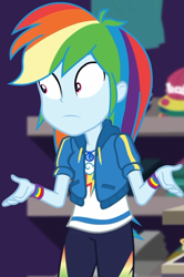 Size: 637x957 | Tagged: safe, screencap, rainbow dash, dashing through the mall, equestria girls, equestria girls specials, g4, my little pony equestria girls: better together, my little pony equestria girls: holidays unwrapped, canterlot mall, clothes, cloud, cropped, female, geode of super speed, hoodie, jacket, jewelry, magical geodes, necklace, pants, pockets, rainbow, shirt, short sleeves, solo, store, t-shirt, thunderbolt, wide eyes, wristband