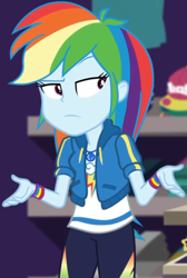 Size: 643x955 | Tagged: safe, screencap, rainbow dash, dashing through the mall, equestria girls, equestria girls specials, g4, my little pony equestria girls: better together, my little pony equestria girls: holidays unwrapped, canterlot mall, cap, clothes, cloud, cropped, female, geode of super speed, hat, hoodie, jacket, jewelry, lidded eyes, magical geodes, necklace, pants, pockets, rainbow, raised eyebrow, shirt, short sleeves, solo, store, t-shirt, thunderbolt, unamused, wristband