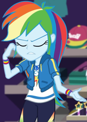 Size: 655x922 | Tagged: safe, screencap, rainbow dash, dashing through the mall, equestria girls, equestria girls series, g4, holidays unwrapped, spoiler:eqg series (season 2), canterlot, cap, clothes, cloud, cropped, cute, dashabetes, eyes closed, female, geode of super speed, hat, hoodie, jacket, jewelry, magical geodes, necklace, pants, pockets, rainbow, shirt, short sleeves, solo, store, t-shirt, thunderbolt, unamused, wristband