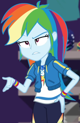 Size: 618x948 | Tagged: safe, screencap, rainbow dash, dashing through the mall, equestria girls, equestria girls specials, g4, my little pony equestria girls: better together, my little pony equestria girls: holidays unwrapped, annoyed, canterlot mall, clothes, cloud, cropped, cute, dashabetes, female, geode of super speed, hand on hip, hoodie, jacket, jewelry, lidded eyes, magical geodes, necklace, pants, pockets, rainbow, raised eyebrow, shirt, short sleeves, solo, store, t-shirt, talking, thunderbolt, unamused, wristband