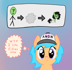 Size: 908x892 | Tagged: safe, artist:craftycirclepony, derpibooru exclusive, oc, oc only, oc:anon, oc:filly anon, oc:little league, earth pony, human, pony, :|, angry, arrow, baseball cap, blank stare, bust, cap, cheek fluff, duo, ear fluff, female, filly, freckles, frown, gradient background, hat, heart, looking at you, male, poof, thought bubble, transformation, wtf