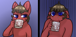 Size: 4190x2067 | Tagged: safe, artist:caesarproduction, oc, oc only, oc:bass frets, anthro, coffee, male, meme, mug, simple background, solo