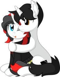 Size: 5707x7333 | Tagged: safe, artist:cyanlightning, oc, oc only, oc:starforce fireline, oc:steel, pony, unicorn, .svg available, absurd resolution, clothes, duo, female, hoodie, hug, hug from behind, looking at each other, male, mare, one eye closed, shipping, simple background, sitting, stallion, straight, tongue out, transparent background, vector, wink