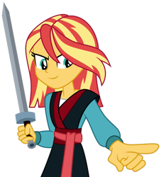 Size: 851x939 | Tagged: safe, artist:emeraldblast63, sunset shimmer, equestria girls, g4, alternate hairstyle, clothes swap, disney, fa mulan, female, mulan, short hair, simple background, solo, sword, transparent background, weapon