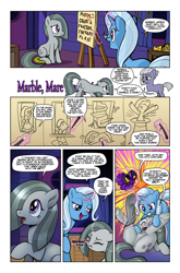 Size: 1258x1904 | Tagged: safe, artist:pencils, limestone pie, marble pie, trixie, earth pony, pony, unicorn, comic:marble mare manquee, g4, :t, bad touch, boop, butt, clothes, comic, dialogue, dock, dress, dressing, eye contact, featureless crotch, female, fishnets, fourth wall, frog (hoof), frown, glare, glowing horn, grin, horn, levitation, lewd, lidded eyes, looking at each other, magic, magic wand, mare, non-consensual dressing, on back, open mouth, pain star, personal space invasion, pillow, plot, raised eyebrow, raised hoof, scrunchy face, sitting, smiling, smirk, speech bubble, telekinesis, text, underhoof, we don't normally wear clothes, wide eyes, worried