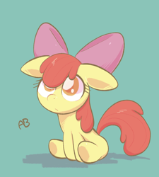 Size: 1734x1928 | Tagged: safe, artist:noupu, apple bloom, earth pony, pony, g4, adorabloom, blank flank, colored pupils, cute, female, filly, floppy ears, green background, simple background, sitting, solo