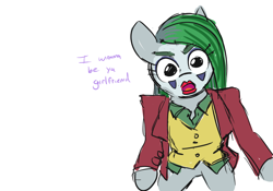 Size: 952x667 | Tagged: safe, artist:jargon scott, marble pie, earth pony, semi-anthro, g4, arm hooves, clothes, clown, dialogue, female, incelpie, joker (2019), mare, open mouth, simple background, solo, the joker, white background