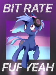 Size: 1536x2048 | Tagged: safe, artist:psaxophone, oc, oc only, oc:bit rate, earth pony, pony, fuf, headphones, solo, text