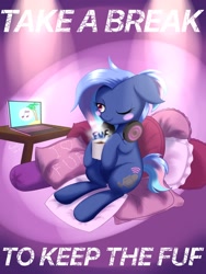 Size: 1536x2048 | Tagged: safe, artist:psaxophone, oc, oc only, oc:bit rate, earth pony, pony, coffee, coffee mug, computer, fuf, laptop computer, mug, pillow, solo, table, text