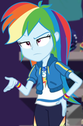 Size: 622x942 | Tagged: safe, screencap, rainbow dash, dashing through the mall, equestria girls, equestria girls series, g4, holidays unwrapped, spoiler:eqg series (season 2), canterlot mall, clothes, cloud, cropped, cute, dashabetes, female, geode of super speed, hoodie, jacket, jewelry, magical geodes, necklace, pants, pockets, rainbow, raised eyebrow, shirt, short sleeves, solo, store, t-shirt, thunderbolt, unamused, wristband