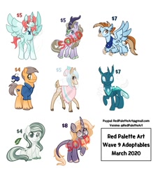 Size: 1280x1458 | Tagged: safe, artist:redpalette, oc, alicorn, changedling, changeling, deer, earth pony, hippogriff, pony, unicorn, adoptable, cute, female, male, mare, stallion