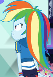 Size: 612x882 | Tagged: safe, screencap, rainbow dash, dashing through the mall, equestria girls, equestria girls specials, g4, my little pony equestria girls: better together, my little pony equestria girls: holidays unwrapped, accessory, angry, annoyed, canterlot mall, clothes, cropped, cute, dashabetes, female, hoodie, jacket, pants, rainbow, shirt, short sleeves, store, t-shirt, wristband