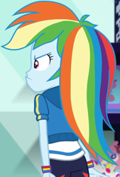 Size: 595x881 | Tagged: safe, screencap, rainbow dash, dashing through the mall, equestria girls, equestria girls series, g4, holidays unwrapped, spoiler:eqg series (season 2), accessory, angry, annoyed, canterlot mall, clothes, cropped, cute, dashabetes, female, hoodie, jacket, madorable, pants, pouting, rainbow, shirt, short sleeves, solo, store, t-shirt, wristband