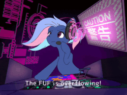 Size: 600x450 | Tagged: safe, artist:hauntedtuba, artist:psaxophone, oc, oc only, oc:bit rate, earth pony, pony, animated, dialogue, electricity, english, fuf, headphones, japanese, solo, subtitles, text