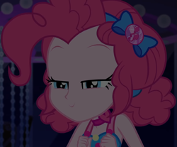 Size: 1305x1080 | Tagged: safe, screencap, pinkie pie, equestria girls, equestria girls specials, g4, my little pony equestria girls: better together, my little pony equestria girls: spring breakdown, bow, choker, clothes, cropped, cruise outfit, curly hair, cute, dark, dark background, devious, diapinkes, dress, female, geode of sugar bombs, hair bow, heart, jewelry, lidded eyes, magical geodes, scheming, sleeveless, sleeveless dress, smiling, solo, spring break, yacht