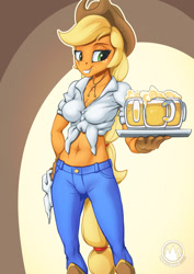 Size: 955x1351 | Tagged: safe, artist:mysticalpha, applejack, earth pony, anthro, g4, abstract background, applejack's hat, belly button, breasts, busty applejack, cider mug, clothes, cowboy hat, drink, female, front knot midriff, grin, hat, jeans, midriff, mug, pants, smiling, solo, tray