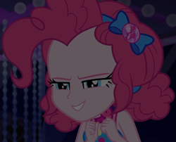 Size: 1335x1080 | Tagged: safe, screencap, pinkie pie, equestria girls, equestria girls series, g4, spring breakdown, bow, choker, clothes, cropped, cruise, cruise outfit, cruise ship, curly hair, cute, dark, dark background, devious, devious smile, diapinkes, dress, female, geode of sugar bombs, hair bow, heart, jewelry, lidded eyes, magical geodes, scheming, sleeveless, sleeveless dress, smiling, solo, spring break, talking, yacht