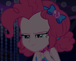Size: 1335x1080 | Tagged: safe, screencap, pinkie pie, equestria girls, equestria girls series, g4, spring breakdown, bow, choker, clothes, cropped, cruise, cruise ship, curly hair, cute, dark, dark background, devious, devious smile, diapinkes, dress, female, geode of sugar bombs, hair bow, heart, jewelry, magical geodes, scheming, sleeveless, sleeveless dress, smiling, solo, spring break, talking, yacht