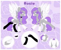 Size: 1600x1333 | Tagged: safe, artist:ame-kumo, oc, oc:cotton rose, pegasus, pony, choker, clothes, female, mare, reference sheet, simple background, socks, wings
