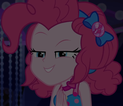 Size: 1250x1080 | Tagged: safe, screencap, pinkie pie, equestria girls, equestria girls specials, g4, my little pony equestria girls: better together, my little pony equestria girls: spring breakdown, bow, choker, clothes, cropped, cruise, cruise outfit, cruise ship, curly hair, cute, dark, dark background, devious, devious smile, diapinkes, dress, female, geode of sugar bombs, hair bow, hands together, heart, jewelry, magical geodes, raised eyebrow, scheming, sleeveless, sleeveless dress, smiling, solo, spring break, talking, yacht