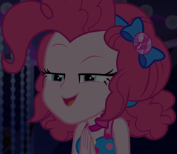 Size: 1236x1080 | Tagged: safe, screencap, pinkie pie, equestria girls, equestria girls specials, g4, my little pony equestria girls: better together, my little pony equestria girls: spring breakdown, bow, choker, clothes, cropped, cruise, cruise outfit, cruise ship, curly hair, cute, dark, dark background, devious, devious smile, diapinkes, dress, female, geode of sugar bombs, hair bow, heart, jewelry, magical geodes, open mouth, raised eyebrow, scheming, sleeveless, sleeveless dress, smiling, solo, spring break, talking, yacht