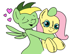 Size: 903x648 | Tagged: safe, artist:didgereethebrony, artist:skrapsu, fluttershy, oc, oc only, oc:didgeree, pegasus, pony, g4, base used, cuddling, female, floating heart, heart, hug, plushie, simple background, solo, trace, transparent background