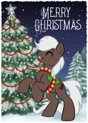 Size: 914x1280 | Tagged: safe, artist:kabukihomewood, oc, oc only, oc:cordial, earth pony, pony, bells, christmas, christmas star, christmas tree, commission, eyes closed, happy, harness, holiday, jingle bells, male, merry christmas, night, open mouth, rearing, saddle, smiling, snow, snowfall, solo, stallion, tack, tree