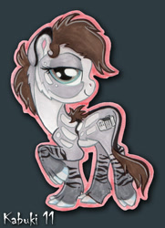 Size: 531x735 | Tagged: safe, artist:kabukihomewood, oc, oc only, oc:ellie, pony, badge, claws, con badge, female, gray background, lidded eyes, looking at you, mare, mesohippus, ponified, prehistoric, raised hoof, simple background, smiling, solo, traditional art