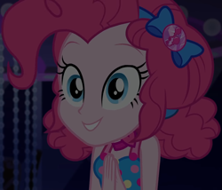 Size: 1261x1080 | Tagged: safe, screencap, pinkie pie, equestria girls, equestria girls series, g4, spring breakdown, bow, choker, clothes, cropped, cruise, cruise outfit, cruise ship, curly hair, cute, dark, dark background, devious, devious smile, diapinkes, dress, female, geode of sugar bombs, hair bow, hands together, heart, jewelry, magical geodes, raised eyebrows, scheming, sleeveless, sleeveless dress, smiling, solo, spring break, talking, yacht