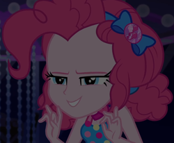 Size: 1308x1080 | Tagged: safe, screencap, pinkie pie, equestria girls, equestria girls series, g4, spring breakdown, bow, choker, clothes, cropped, cruise, cruise outfit, cruise ship, curly hair, cute, dark, dark background, devious, devious smile, diapinkes, dress, female, geode of sugar bombs, hair bow, heart, jewelry, lidded eyes, magical geodes, scheming, sleeveless, sleeveless dress, solo, talking, yacht