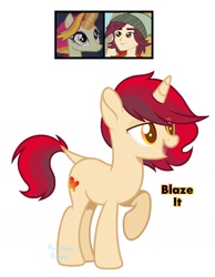 Size: 1292x1668 | Tagged: safe, artist:boyebudgie, fire flare, normal norman, oc, oc:blaze it, pony, unicorn, equestria girls, g4, male, offspring, parent:fire flare, parent:normal norman, simple background, stallion, white background