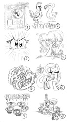 Size: 548x1000 | Tagged: safe, artist:kabukihomewood, derpy hooves, discord, fluttershy, princess celestia, scootaloo, alicorn, bird, butterfly, chicken, dodo, draconequus, pegasus, pony, fanfic:cupcakes, g4, alcohol, cupcake, cutie mark, eyes closed, food, glass, grayscale, hoof hold, implied applejack, implied berry punch, implied pinkamena, implied pinkie pie, implied rainbow dash, implied rarity, implied twilight sparkle, looking at you, monochrome, muffin, onomatopoeia, open mouth, scootachicken, scootadodo, smiling, stamp, stare, t shirt design, the stare, tree, vine, wine, wine bottle, wine glass, wip, yin-yang