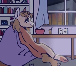 Size: 370x320 | Tagged: safe, artist:epiphanyscenario, oc, oc only, earth pony, pony, beanbag chair, cereal, female, food, mare, night, scenery, solo