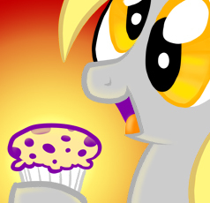 Size: 238x230 | Tagged: safe, artist:kabukihomewood, derpy hooves, pegasus, pony, g4, bust, female, food, gradient background, hoof hold, mare, muffin, open mouth, portrait, preview, smiling, solo, t shirt design, that pony sure does love muffins