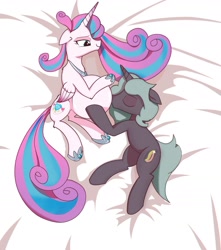 Size: 1620x1829 | Tagged: safe, artist:rafhedecat, princess flurry heart, oc, oc:shimmering glow, g4, adult, adult flurry heart, bed, canon x oc, couple, duo, eyes closed, female, husband and wife, kiss on the belly, kissing, lying on bed, male, married couple, offspring, offspring shipping, older, older flurry heart, parent:king sombra, parent:radiant hope, parents:hopebra, pregnant, shipping, straight
